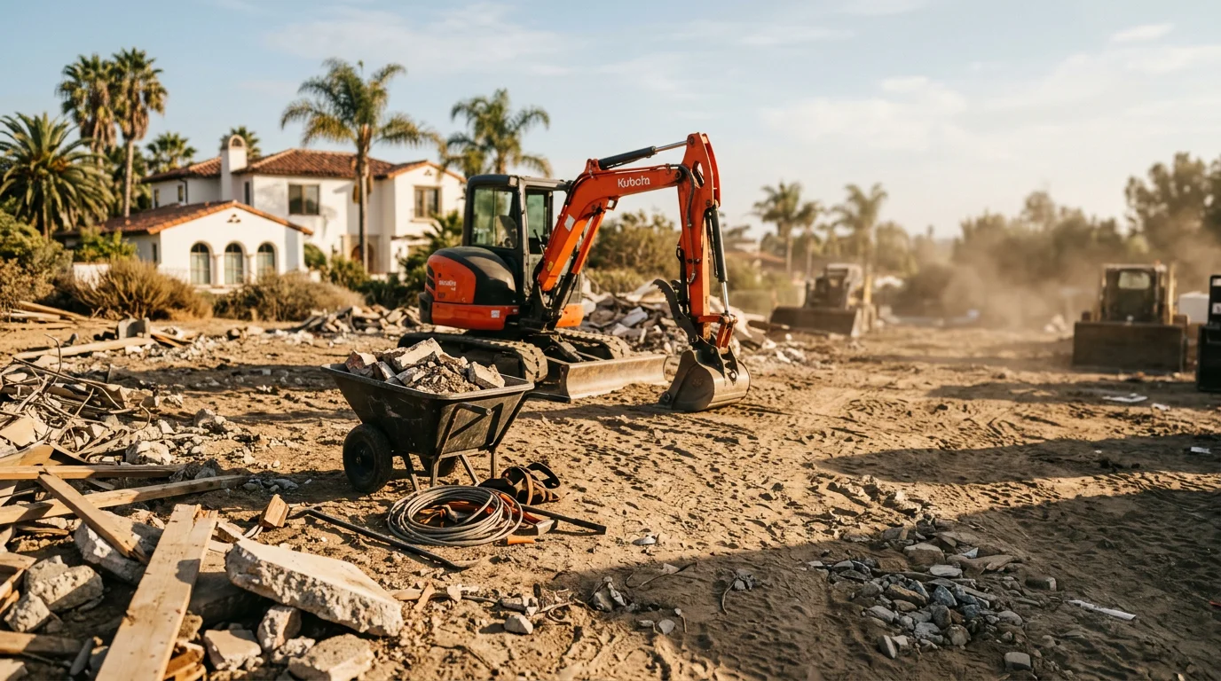 Demolition crew removing interior walls and debris from a residential property