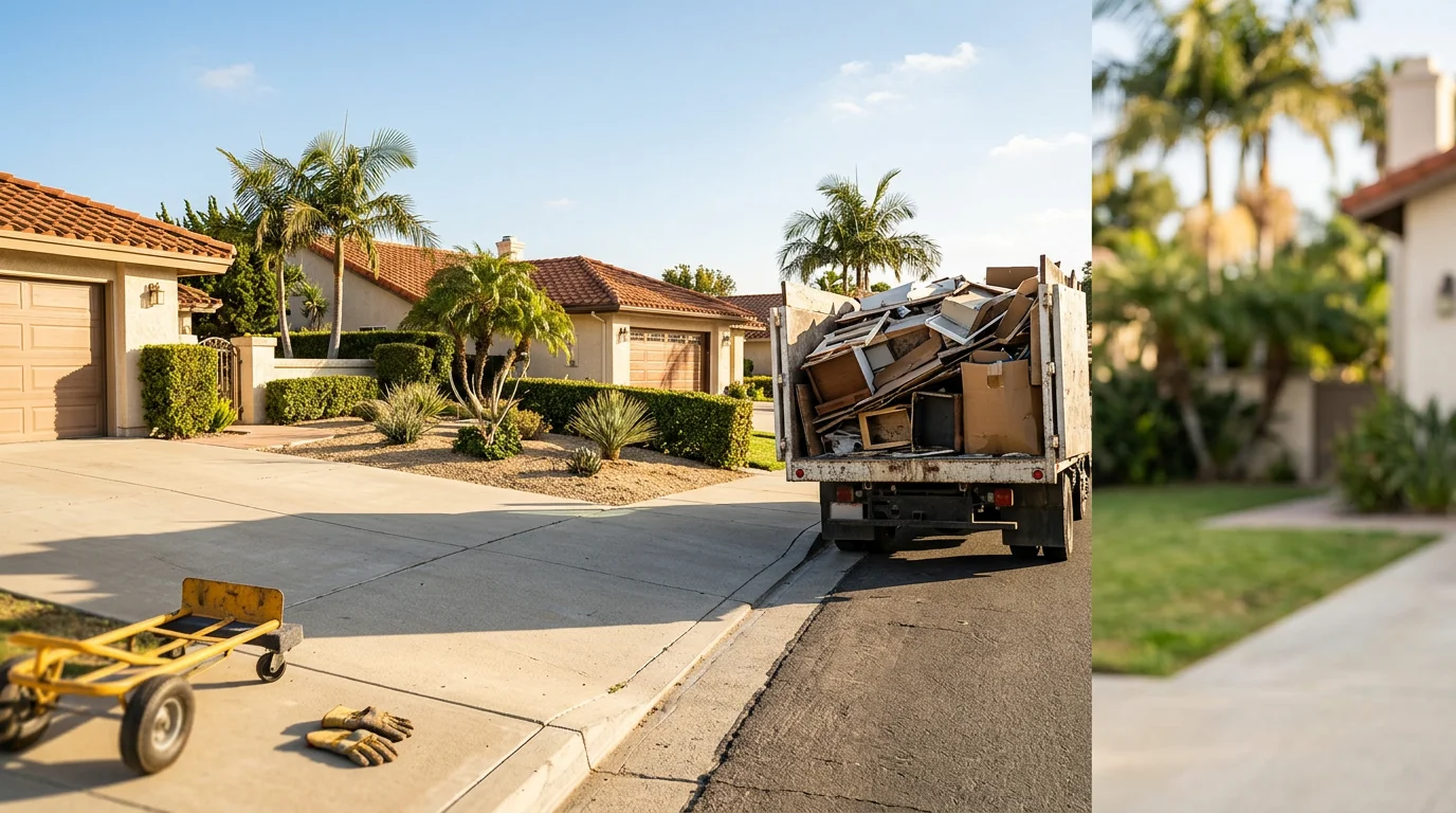 Junk removal truck loaded with household items and construction debris