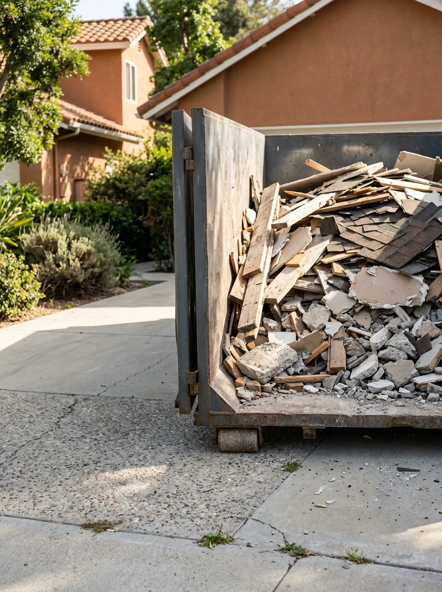 Dumpster placed on a wide driveway at an Anaheim Hills property during a residential renovation and debris removal project.