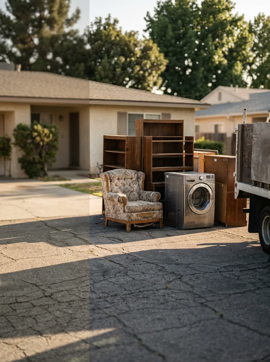 Junk removal crew loading furniture and appliances from a rental property near downtown Fullerton, with items staged on the driveway for hauling.