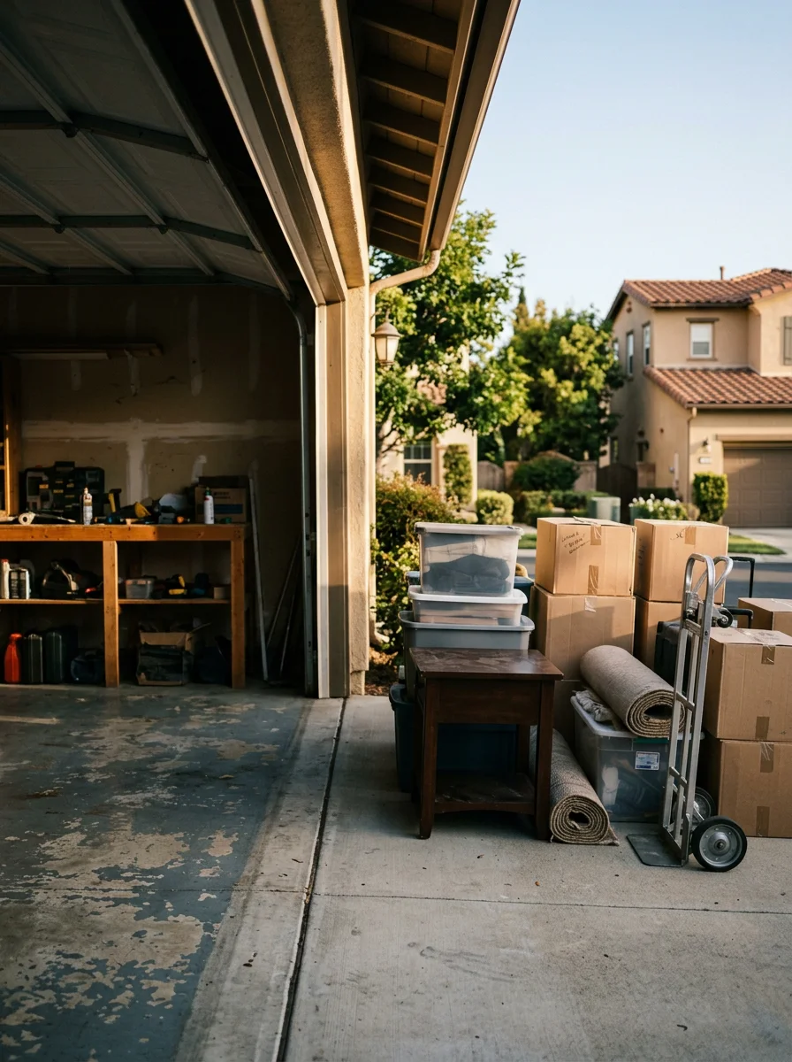 Junk removal team clearing a garage in an established Irvine village neighborhood, with furniture and stored items staged for loading and hauling.