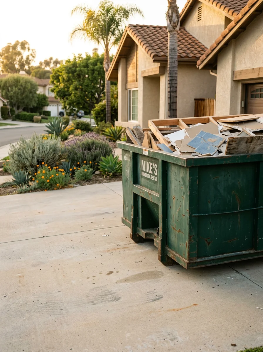 Dumpster placed on a wide driveway at a Mission Viejo home during a renovation project, with construction debris loaded and ready for removal.