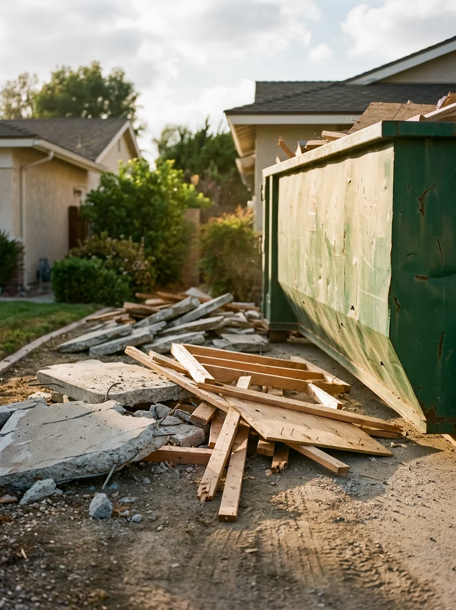 Close-up of a demolition crew clearing concrete and wood-frame debris from an Orange County property, with a dumpster positioned on the driveway.