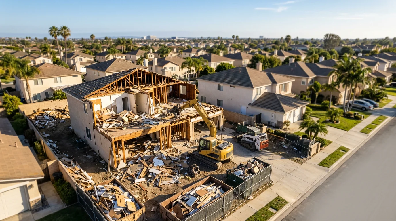 Wide aerial view of a residential demolition site in Orange County, California, with a structure partially torn down and debris staged for hauling.