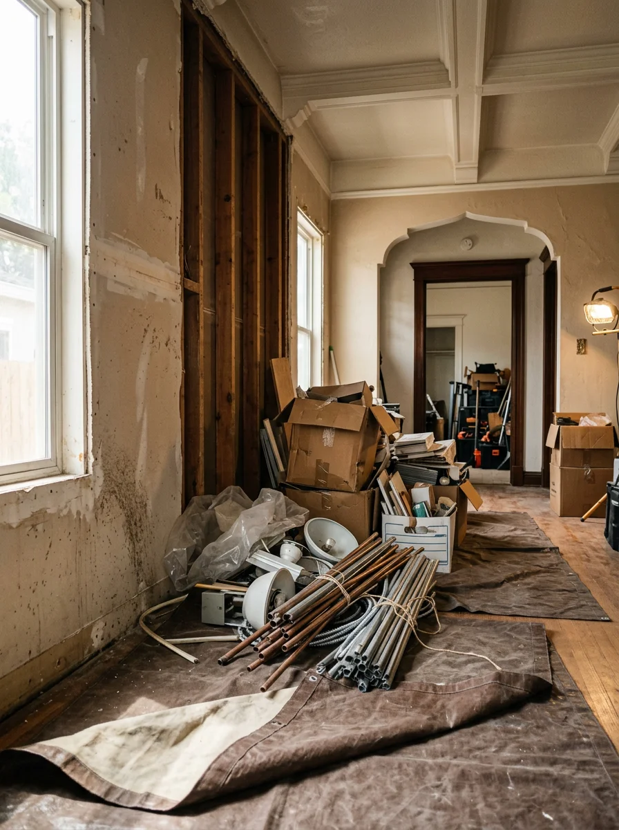 Junk removal crew clearing the interior of an older Santa Ana residential property, with accumulated debris being loaded for disposal.