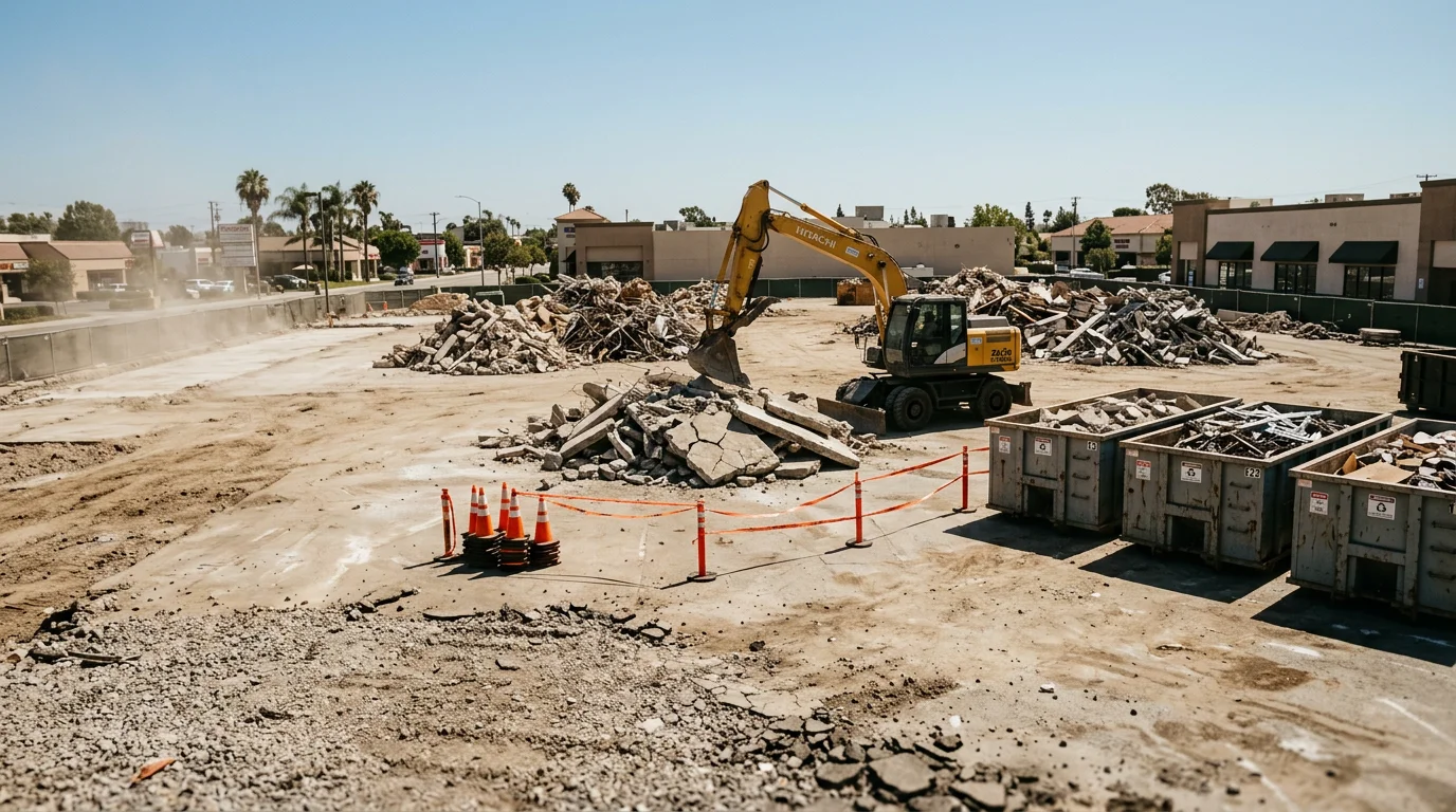 A commercial building in Orange County mid-demolition, with exterior walls removed and debris staged for hauling. Heavy equipment is positioned on the cleared commercial site.