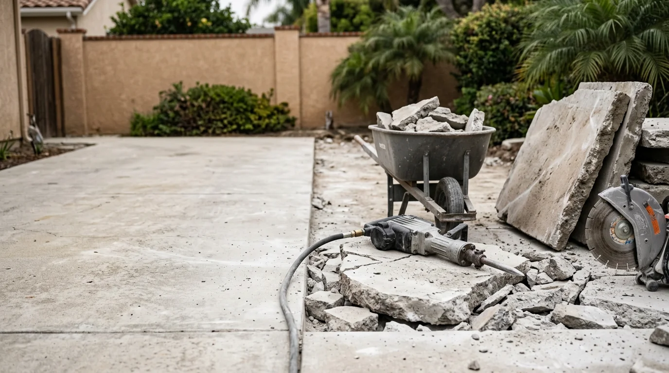 A concrete driveway being broken up and removed at an Orange County residential property. A cleared, debris-free lot surface is visible where the old slab once sat.