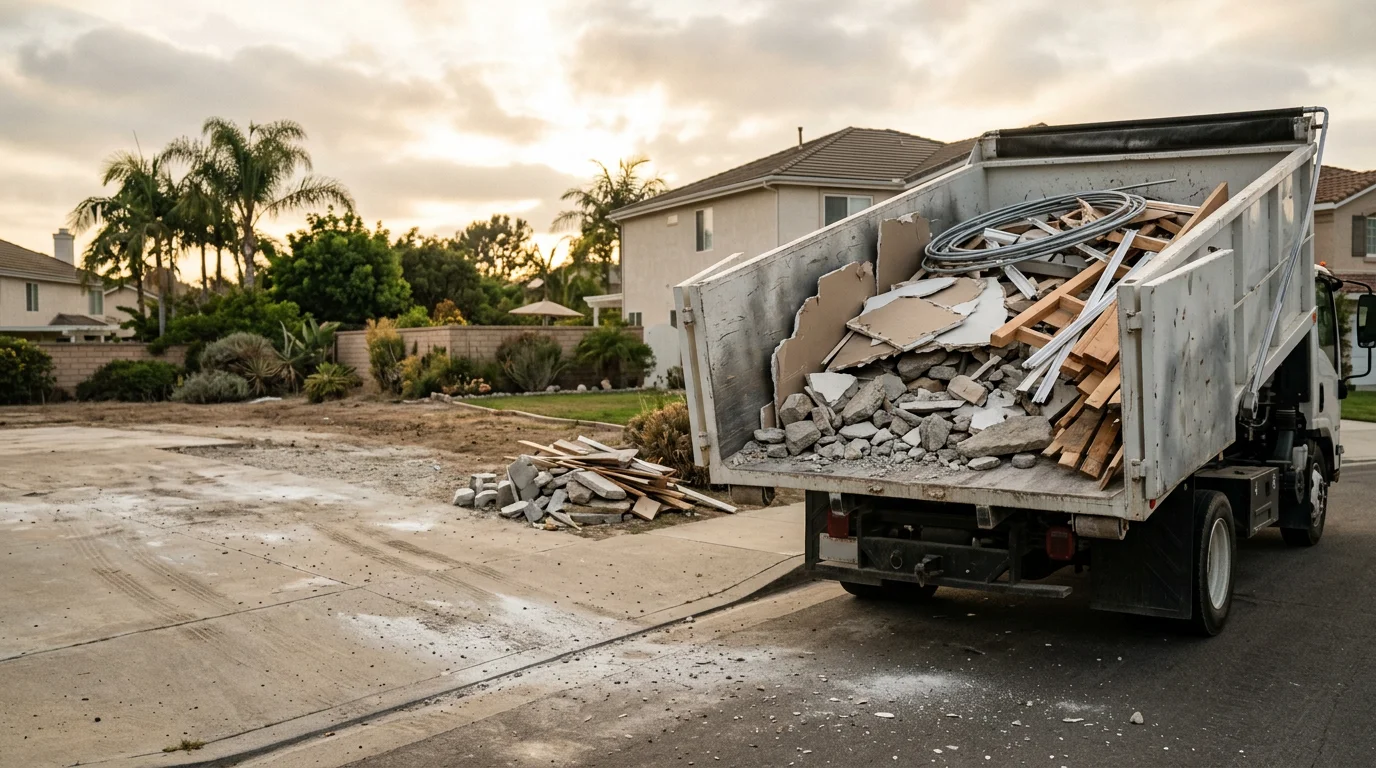 A cleared Orange County residential property with a truck loaded with renovation debris including wood scraps, drywall, and roofing material. The job site is clean and accessible after a full debris removal service by Junkhead Demolition LLC.