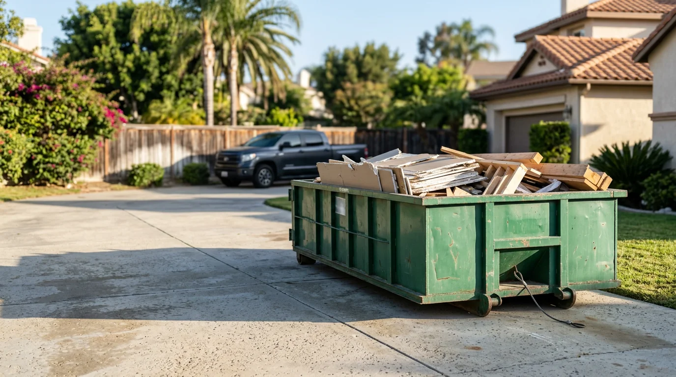 A roll-off dumpster parked on a residential driveway in Orange County, California, filled with renovation debris and construction waste. The surrounding property is clear and organized, showing an active home improvement project in progress.