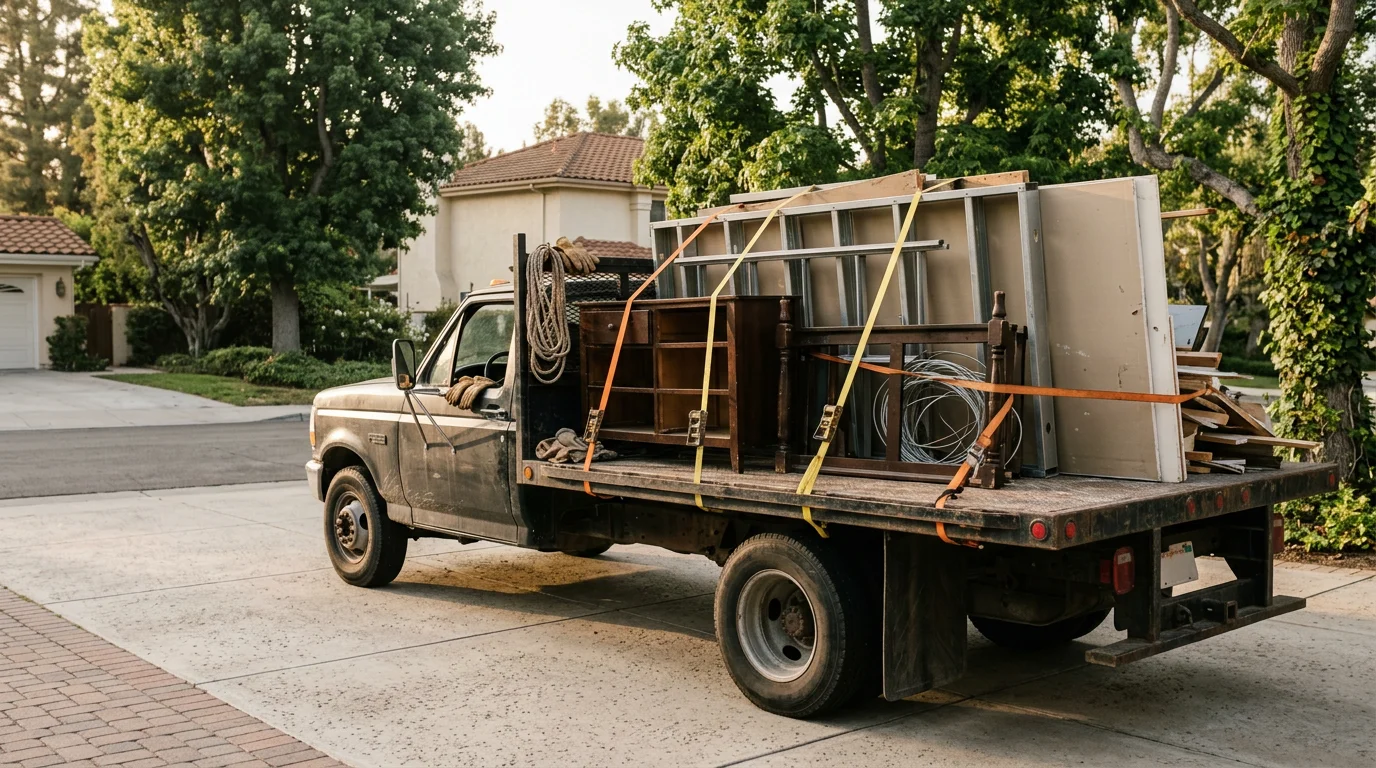A loaded truck bed filled with bulky household items and heavy materials being hauled away from a residential property in Orange County, California. The driveway is clear and the home exterior is visible in the background.