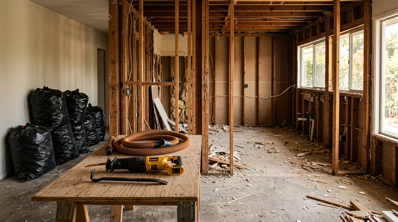 Interior of an Orange County property mid-demolition with drywall, flooring, and wall framing removed down to the studs. Structural elements remain intact while the cleared space is ready for renovation.