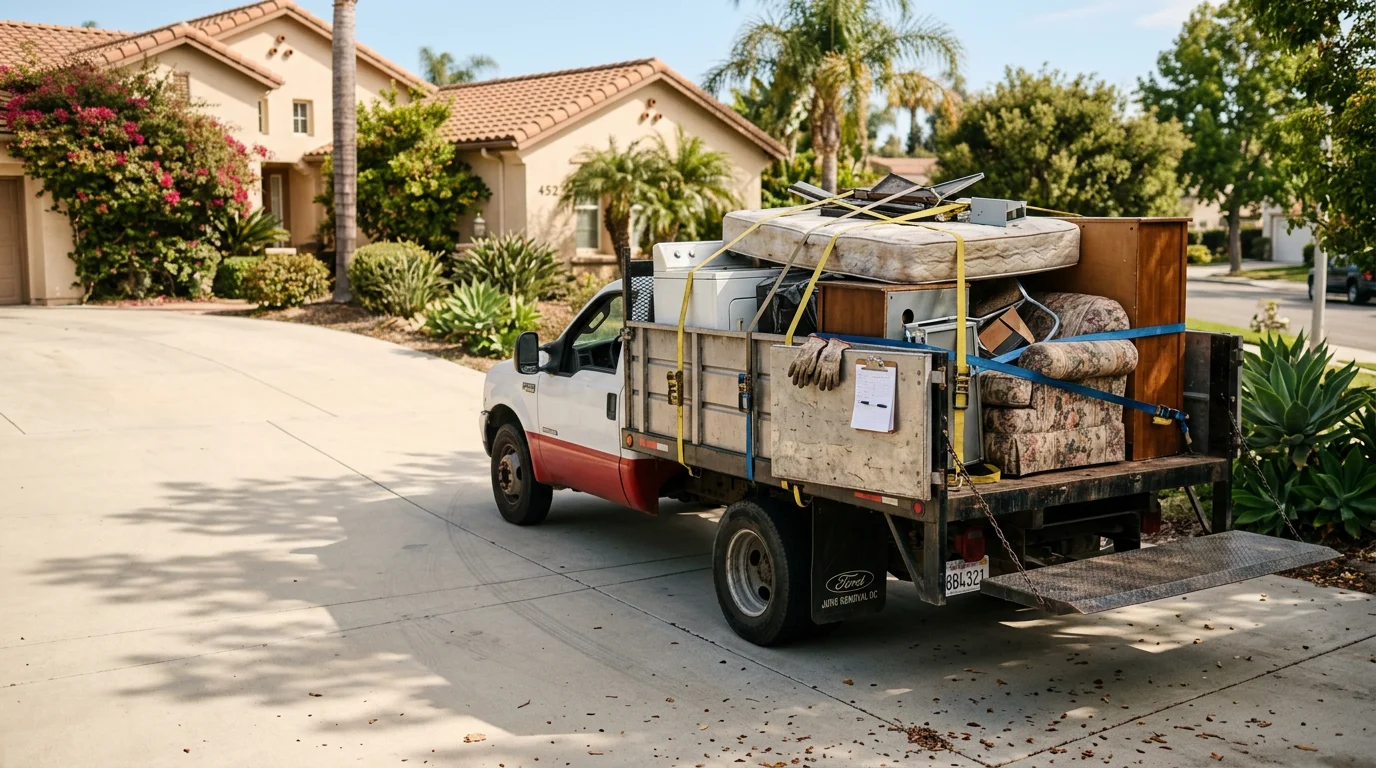 A cleared Orange County garage with no remaining furniture or clutter after a junk removal service. A Junkhead Demolition LLC truck is visible in the driveway with loaded items ready for hauling.