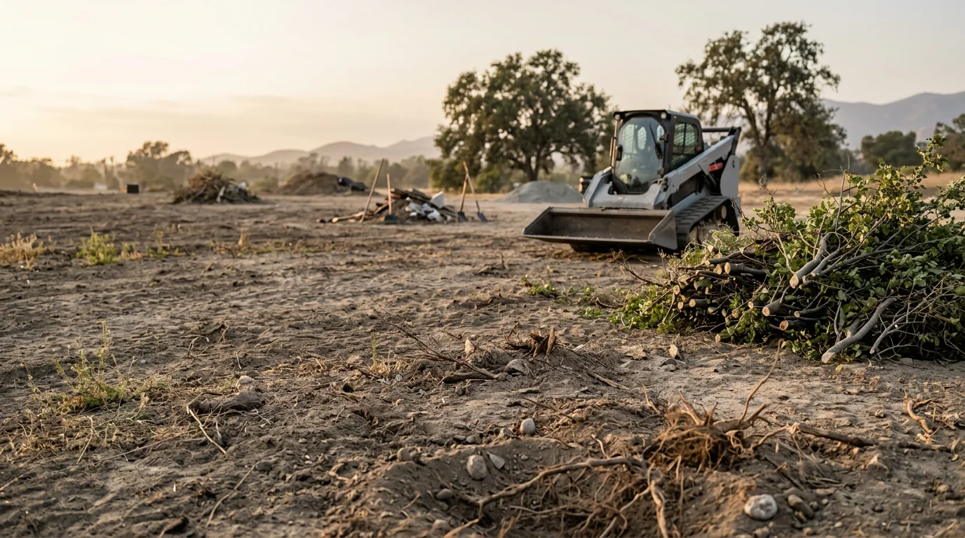 A cleared residential parcel in Orange County with stumps and brush removed, leaving bare ground ready for development. Junkhead Demolition LLC land clearing work on an overgrown Orange County property.