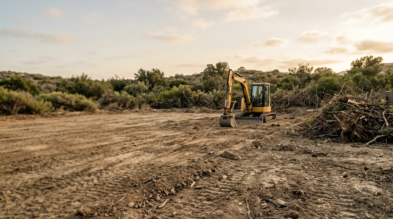 A vacant lot in Orange County, California after lot clearing, showing open ground free of brush, overgrowth, and debris. Junkhead Demolition LLC lot clearing service result on a residential parcel.