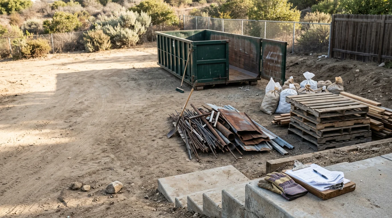 A cleared residential property in Orange County with waste and bulky items fully removed from the yard and surrounding area. Junkhead Demolition LLC property cleanup service result showing an open, debris-free outdoor space.