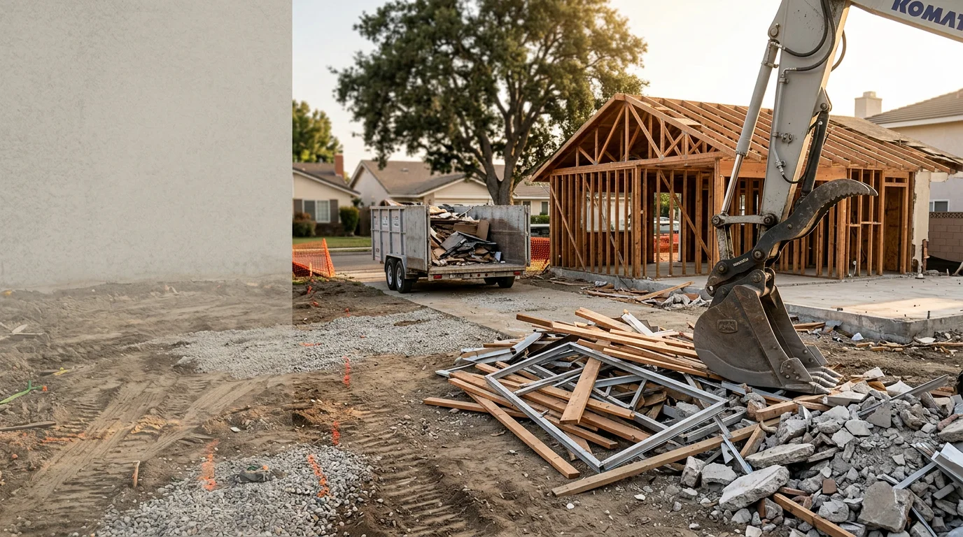 A residential structure being demolished on an Orange County property, with debris cleared to the ground and the surrounding lot visible. Equipment positioned on a residential driveway during an active teardown.