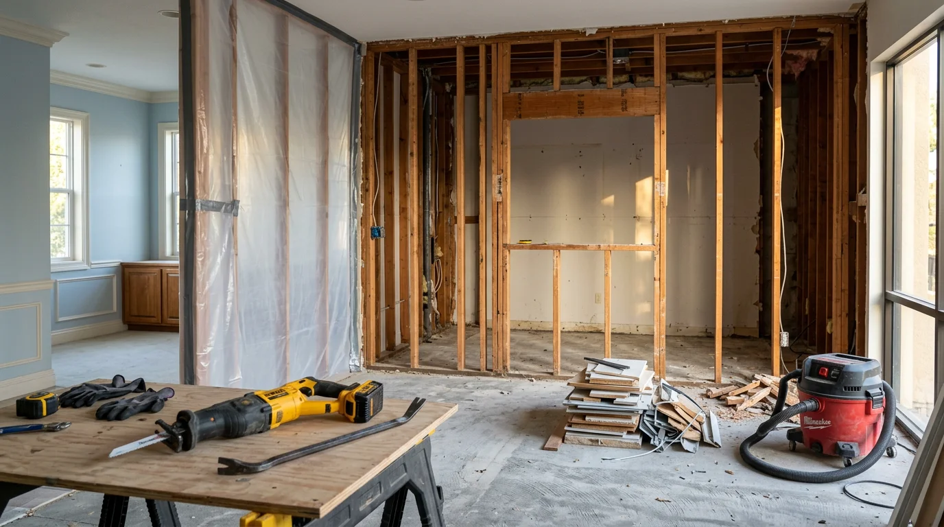 A partially demolished interior wall in an Orange County home with surrounding drywall and framing left intact during a selective demolition project. Debris from the removed section is staged for removal while adjacent rooms remain undisturbed.