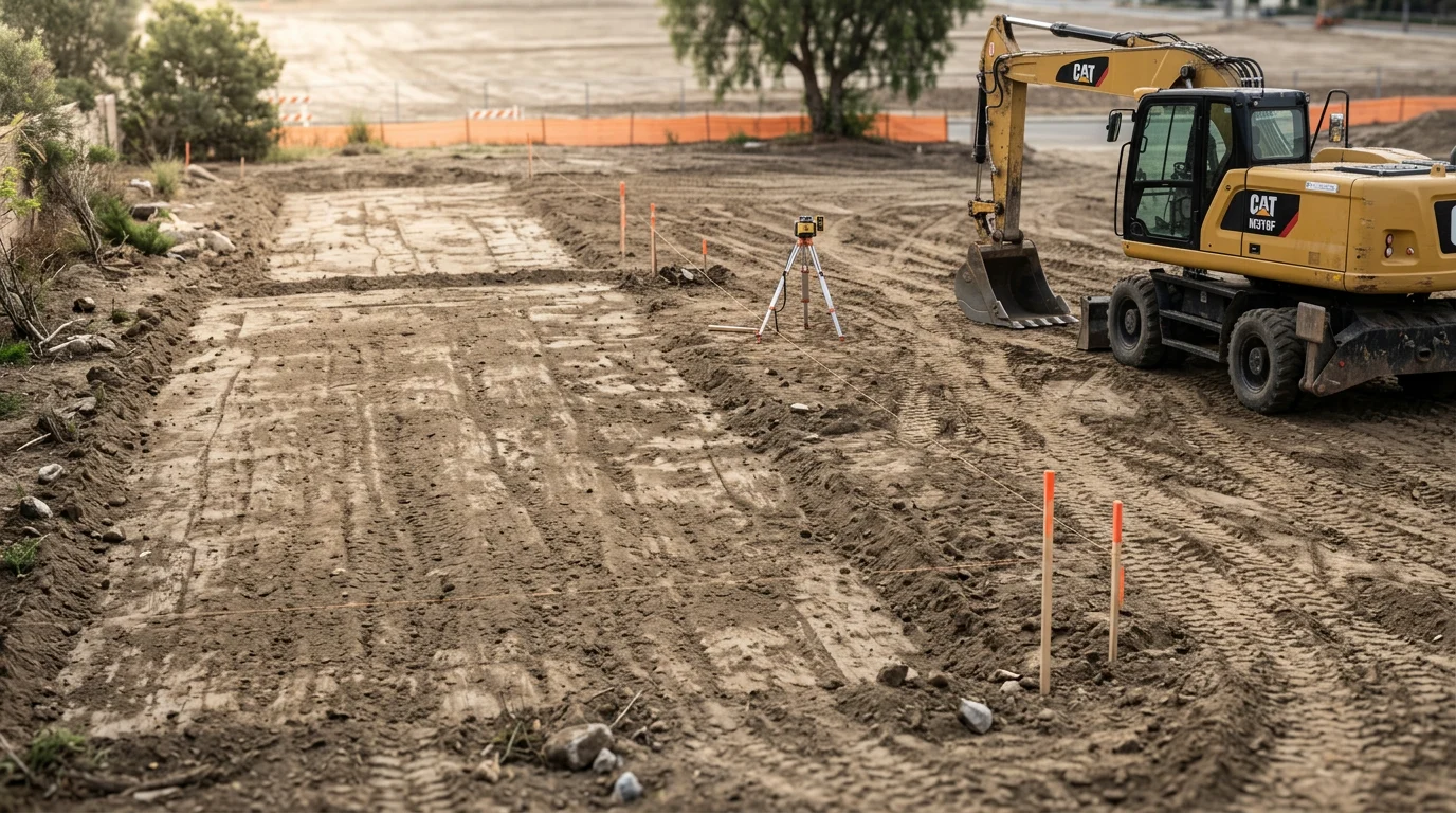 A graded and leveled residential lot in Orange County with smooth compacted soil and clear drainage slope visible across the surface. The property is cleared of surface debris and ready for foundation work.